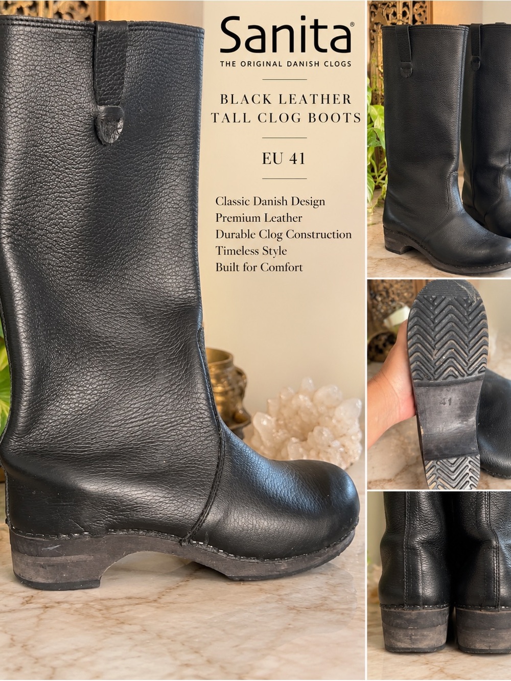 Sanita Black Leather Tall Clog Boots
